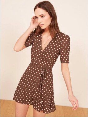 Reformation Lucky Wrap Polka Dot Mini Dress L Brown/White